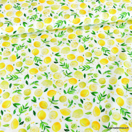 Popeline de coton Poppy motif citrons jaunes fond blanc - oeko tex
