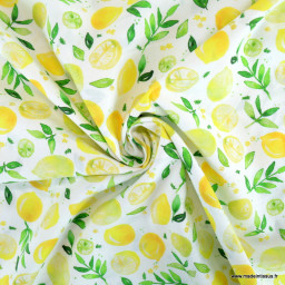 Popeline de coton Poppy motif citrons jaunes fond blanc - oeko tex