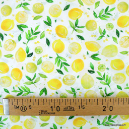 Popeline de coton Poppy motif citrons jaunes fond blanc - oeko tex