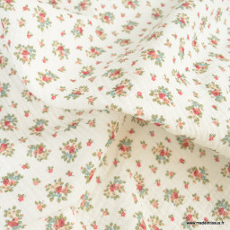 Double gaze de coton Bio & oeko tex Germaine motifs fleurs rouge corail Blanc cassé