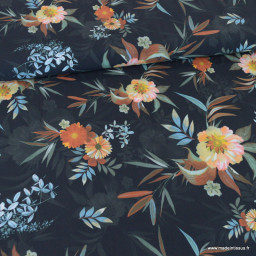 Tissu popeline de Viscose Judith motif fleurs fond noir