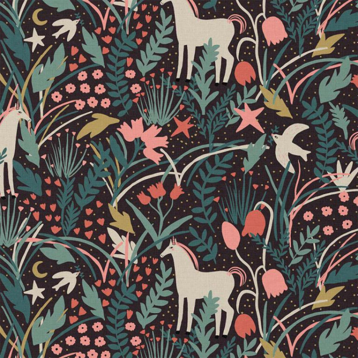 Tissu coton Enduit Azora motif feuillage et licorne fond noir