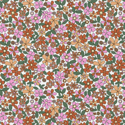 Tissu coton Enduit Josette motif fleurs roses fond blanc