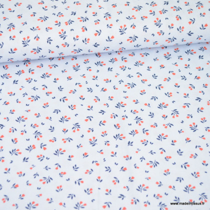 Tissu popeline motifs petites fleurs fond bleu - Oeko tex