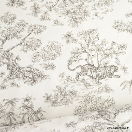 Tissu coton type toile de Jouy Acajou Graphite motif tigres, singes et panthère exotique - oeko tex