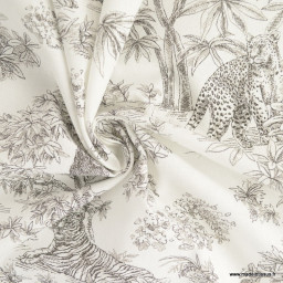 Tissu coton type toile de Jouy Acajou Graphite motif tigres, singes et panthère exotique - oeko tex