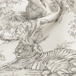 Tissu coton type toile de Jouy Acajou Graphite motif tigres, singes et panthère exotique - oeko tex