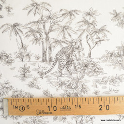 Tissu coton type toile de Jouy Acajou Graphite motif tigres, singes et panthère exotique - oeko tex