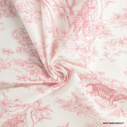 Tissu coton type toile de Jouy Acajou Rouge motif tigres, singes et panthère exotique - oeko tex