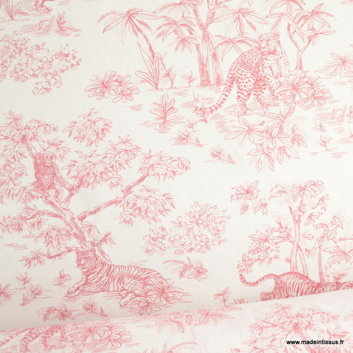 Tissu coton type toile de Jouy Acajou Rouge motif tigres, singes et panthère exotique - oeko tex