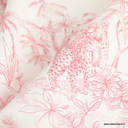 Tissu coton type toile de Jouy Acajou Rouge motif tigres, singes et panthère exotique - oeko tex