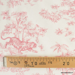 Tissu coton type toile de Jouy Acajou Rouge motif tigres, singes et panthère exotique - oeko tex