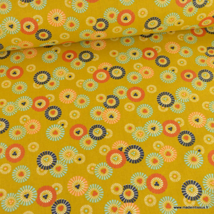 Tissu coton Soleil levant motif graphique fond jaune - Oeko tex