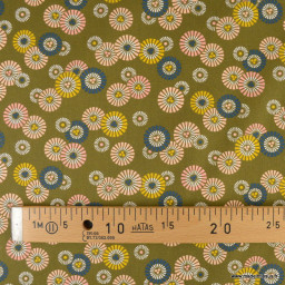 Tissu coton Soleil levant motif graphique fond Kaki - Oeko tex