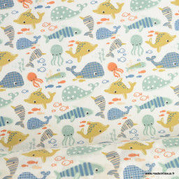 Tissu coton Plouf motif animaux marins poissons bleus fond blanc