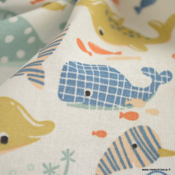 Tissu coton Plouf motif animaux marins poissons bleus fond blanc