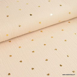 Tissu Double gaze beige motif coeurs dorés - oeko tex