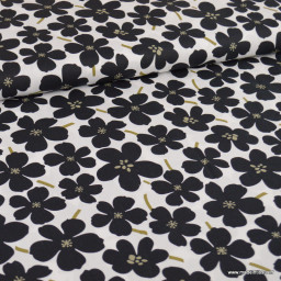 Popeline de coton motif fleurs noires fond blanc - Oeko tex