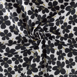 Popeline de coton motif fleurs noires fond blanc - Oeko tex