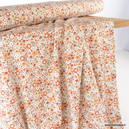 Tissu jersey cotelé motifs fleurs fond blanc cassé - Oeko tex