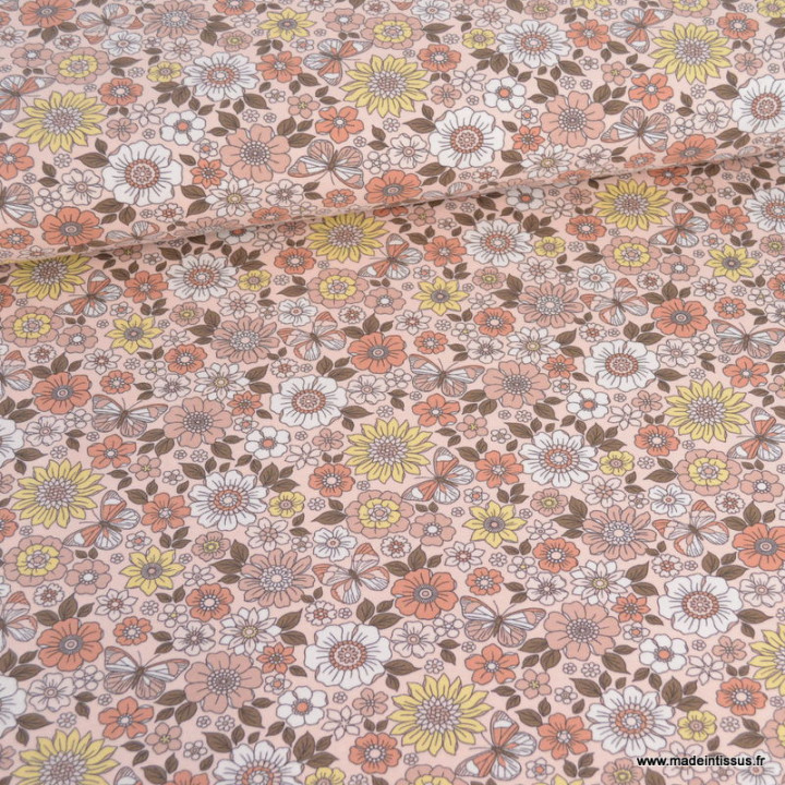 Tissu jersey Monique motifs fleurs fond rose - Oeko tex