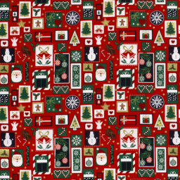 Tissu de Noël motif cadeaux, père Noël et bonhomme de neige fond rouge - Oeko tex