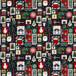 Tissu de Noël motif cadeaux, père Noël et bonhomme de neige fond rouge - Oeko tex