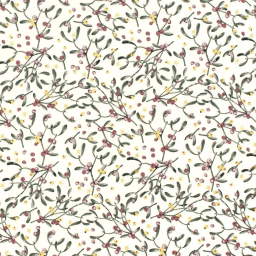 Tissu de Noël motif feuilles et baies or fond blanc cassé - Oeko tex