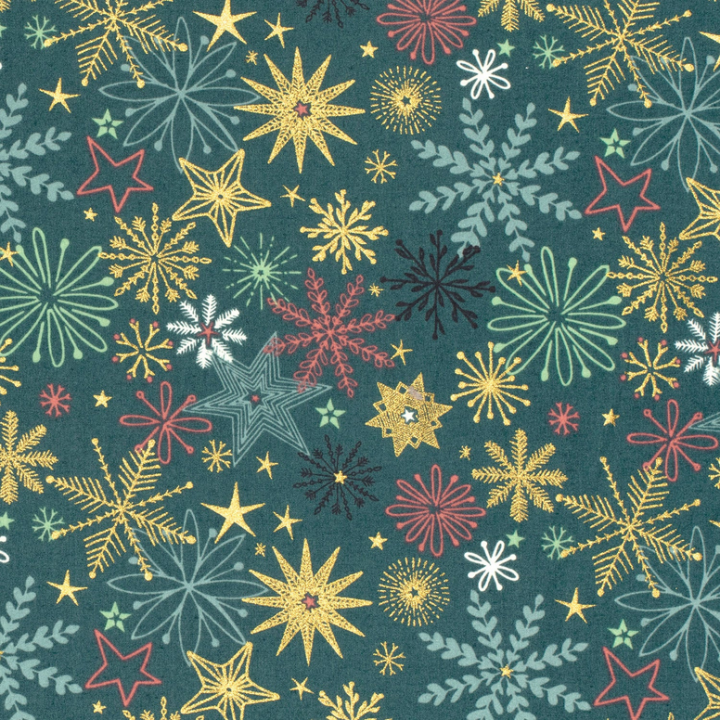 Tissu de Noël motif étoiles Or fond vert canard - Oeko tex