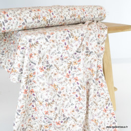 Tissu jersey cotelé motifs fleurs sauvages fond blanc cassé - Oeko tex