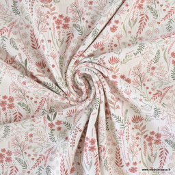 Tissu jersey motifs fleurs printanières roses et vertes fond blanc cassé - Oeko tex