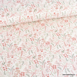 Tissu jersey motifs fleurs printanières roses et vertes fond blanc cassé - Oeko tex