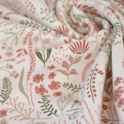 Tissu jersey motifs fleurs printanières roses et vertes fond blanc cassé - Oeko tex