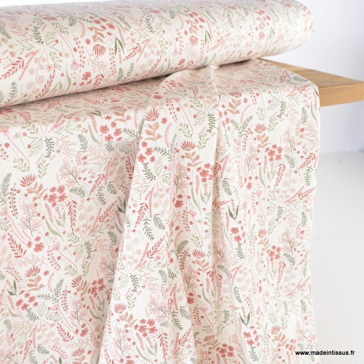 Tissu jersey motifs fleurs printannières roses et vertes fond blanc cassé - Oeko tex