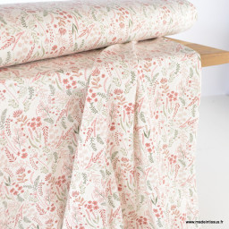 Tissu jersey motifs fleurs printannières roses et vertes fond blanc cassé - Oeko tex