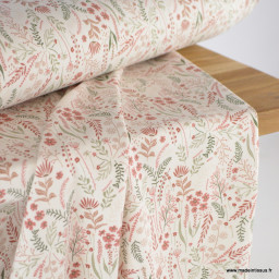 Tissu jersey motifs fleurs printanières roses et vertes fond blanc cassé - Oeko tex