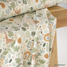 Tissu jersey motif animaux de la jungle fond blanc cassé - Oeko tex