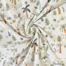 Tissu jersey motif palmiers et jungle fond blanc cassé - Oeko tex