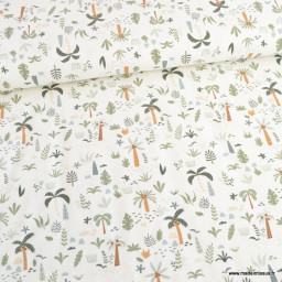 Tissu jersey motif palmiers et jungle fond blanc cassé - Oeko tex