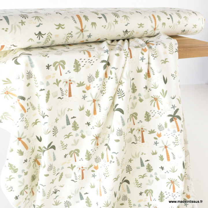 Tissu jersey motif palmiers et jungle fond blanc cassé - Oeko tex