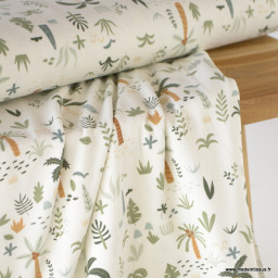 Tissu jersey motif palmiers et jungle fond blanc cassé - Oeko tex