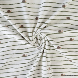 Tissu jersey enfant à motif rayures et escargots fond blanc cassé - Oeko tex