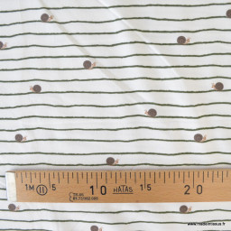 Tissu jersey enfant à motif rayures et escargots fond blanc cassé - Oeko tex