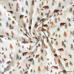 Tissu jersey enfant à motif ours et sapins fond blanc cassé - Oeko tex