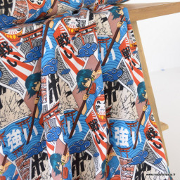 Tissu jersey motif Manga Japonais et sabre bleu