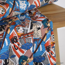 Tissu jersey motif Manga Japonais et sabre bleu