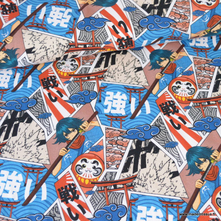 Tissu jersey motif Manga Japonais et sabre bleu