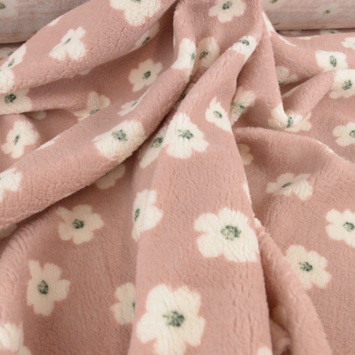 Tissu Fausse Fourrure Sherpa Jexy à motif fleuri Rose - oeko tex