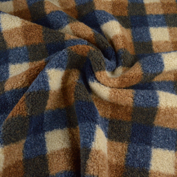 Tissu Fausse Fourrure Sherpa à carreaux Camel, écru et bleu