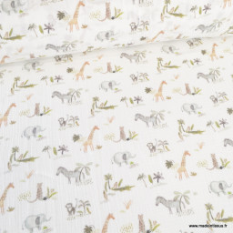 Tissu Double gaze Poppy motif animaux de la jungle Safari fond blanc - oeko tex